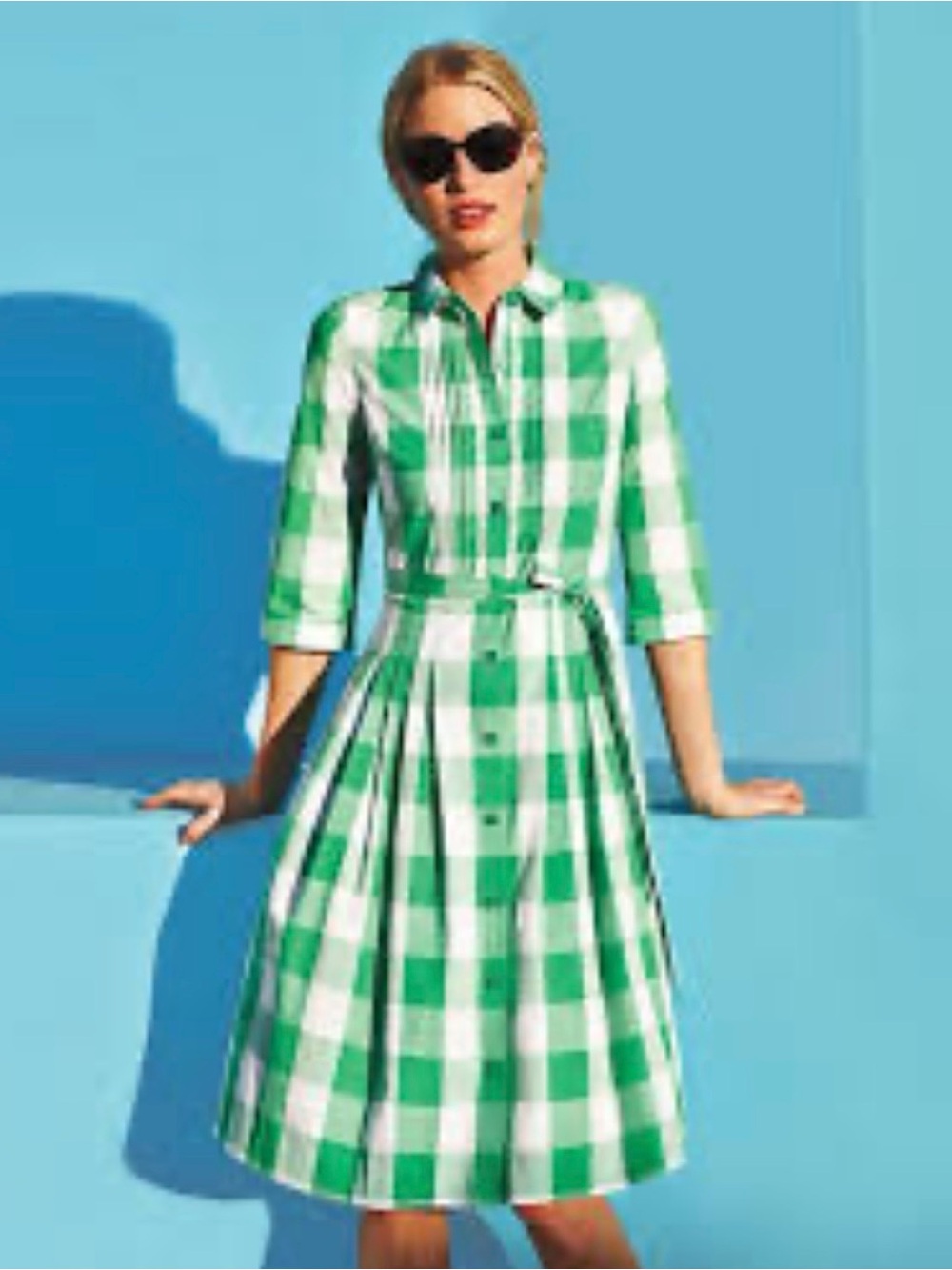 Boden Pintuck Bodice Fit Flare Shirt Dress EUC US 8L 8 Green Gingham Tie Waist